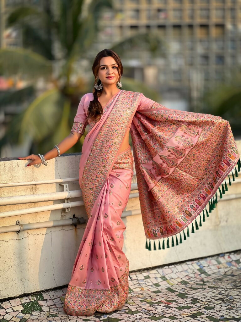 Pink Pashmina Silk Wevon Kashmiri Meenakari Designer Saree with Unstitched Blouse - Vandini
