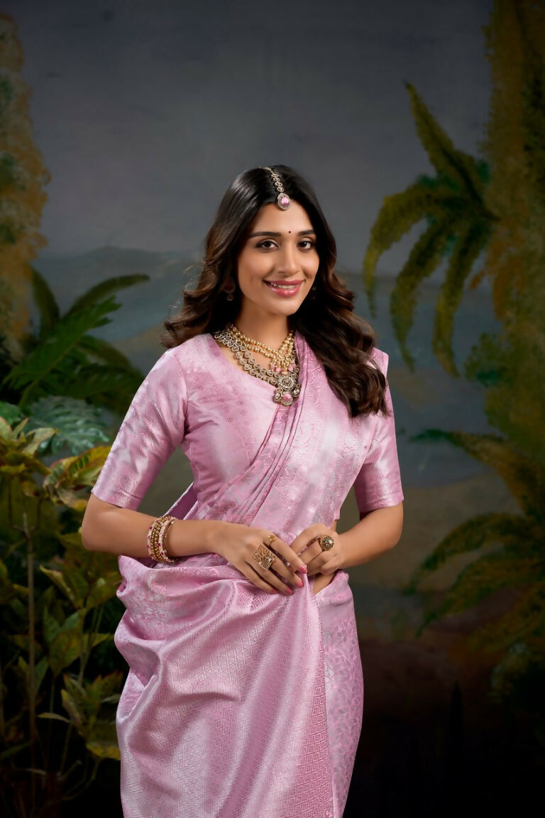 Vastranavya Baby Pink Kanjivaram Zari Weaving Work Saree with Unstitched Blouse