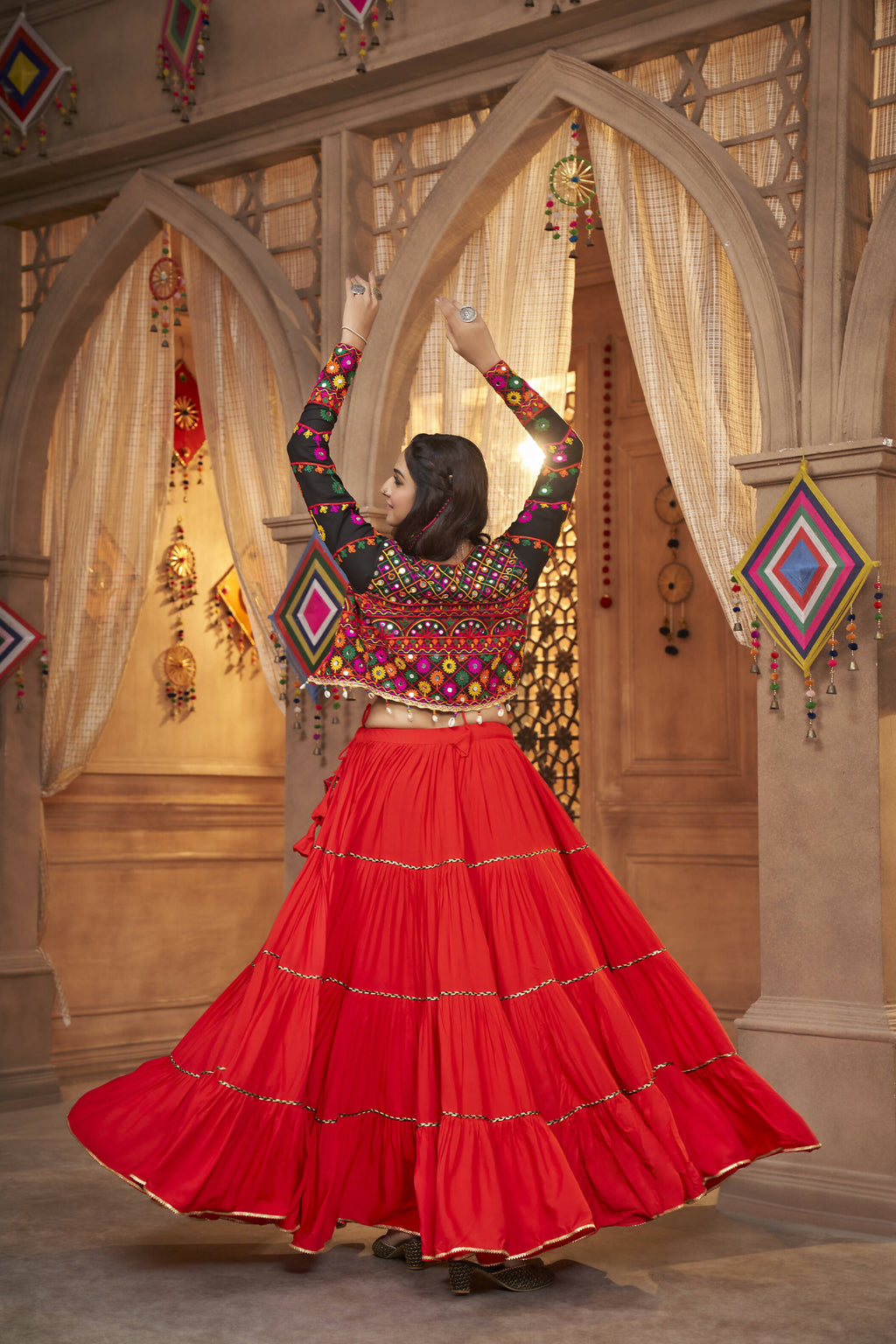 Red Viscose Rayon Navratri Lehenga Choli With Dupatta - Raas