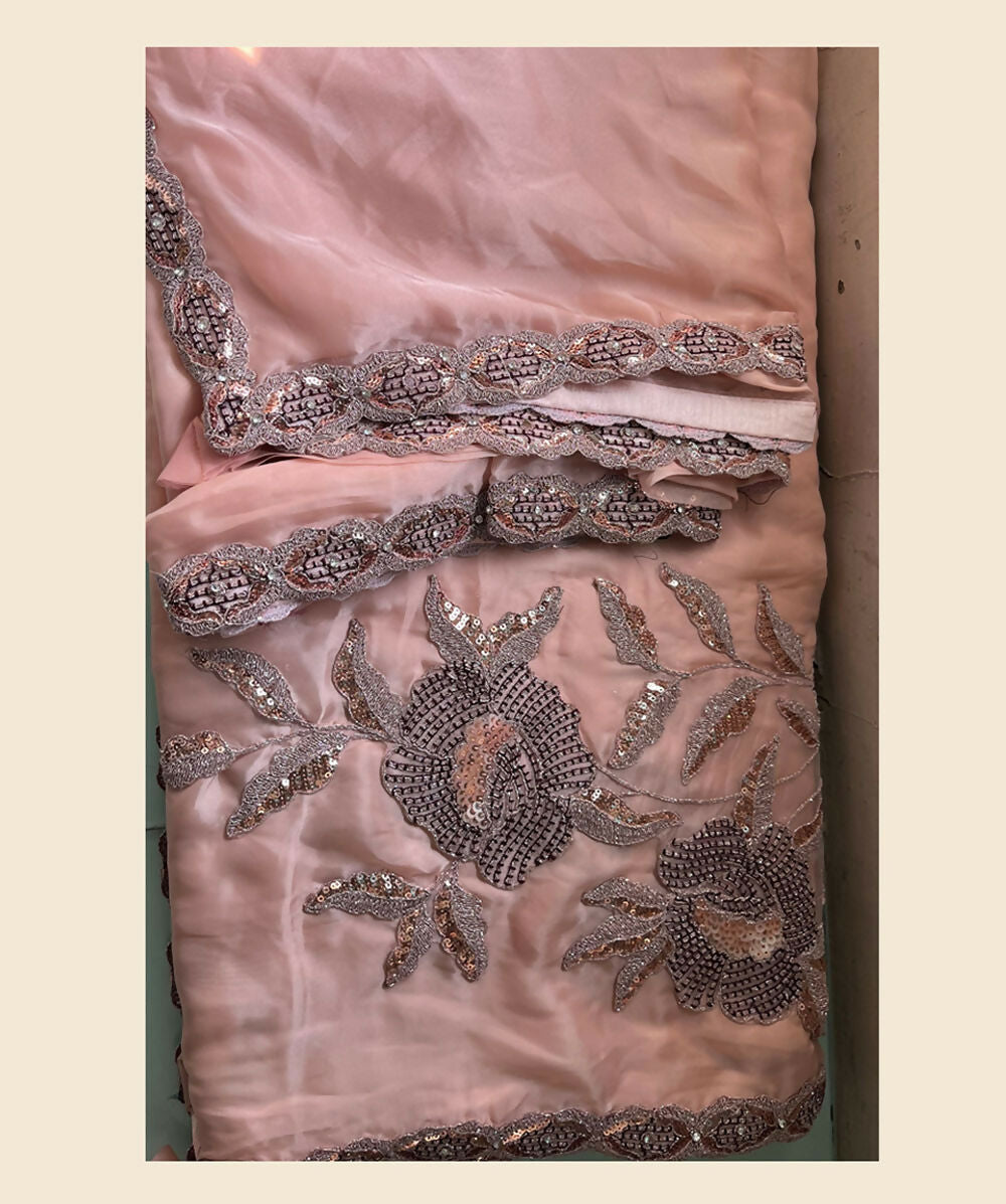 Peach Crepe Satin Silk Thread, Sequence, Cord Embroidered with Stone Work Saree - Mohmanthan Dakshika