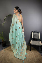 Joban Fashion Sky Blue Handloom Banarasi Organza Silk Khatali Butta Work Saree - Distacart