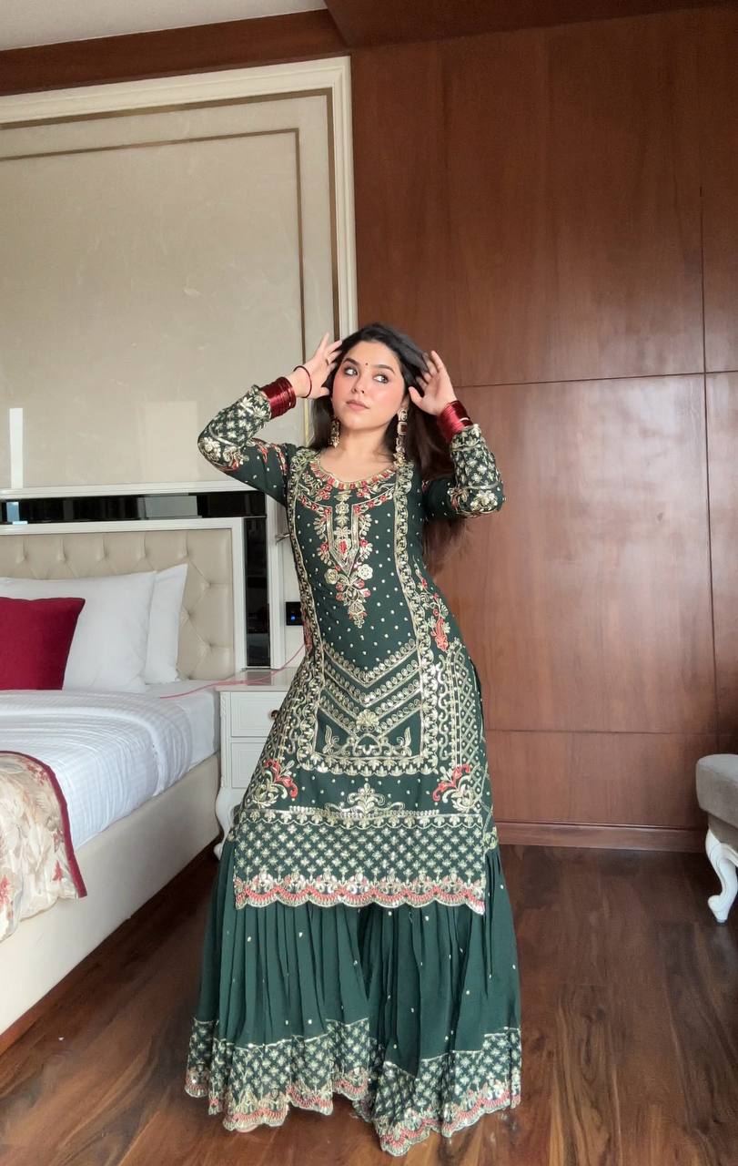 Prazu Fashion Dark Green Georgette Sequence Embroidered Sharara Suit - Distacart
