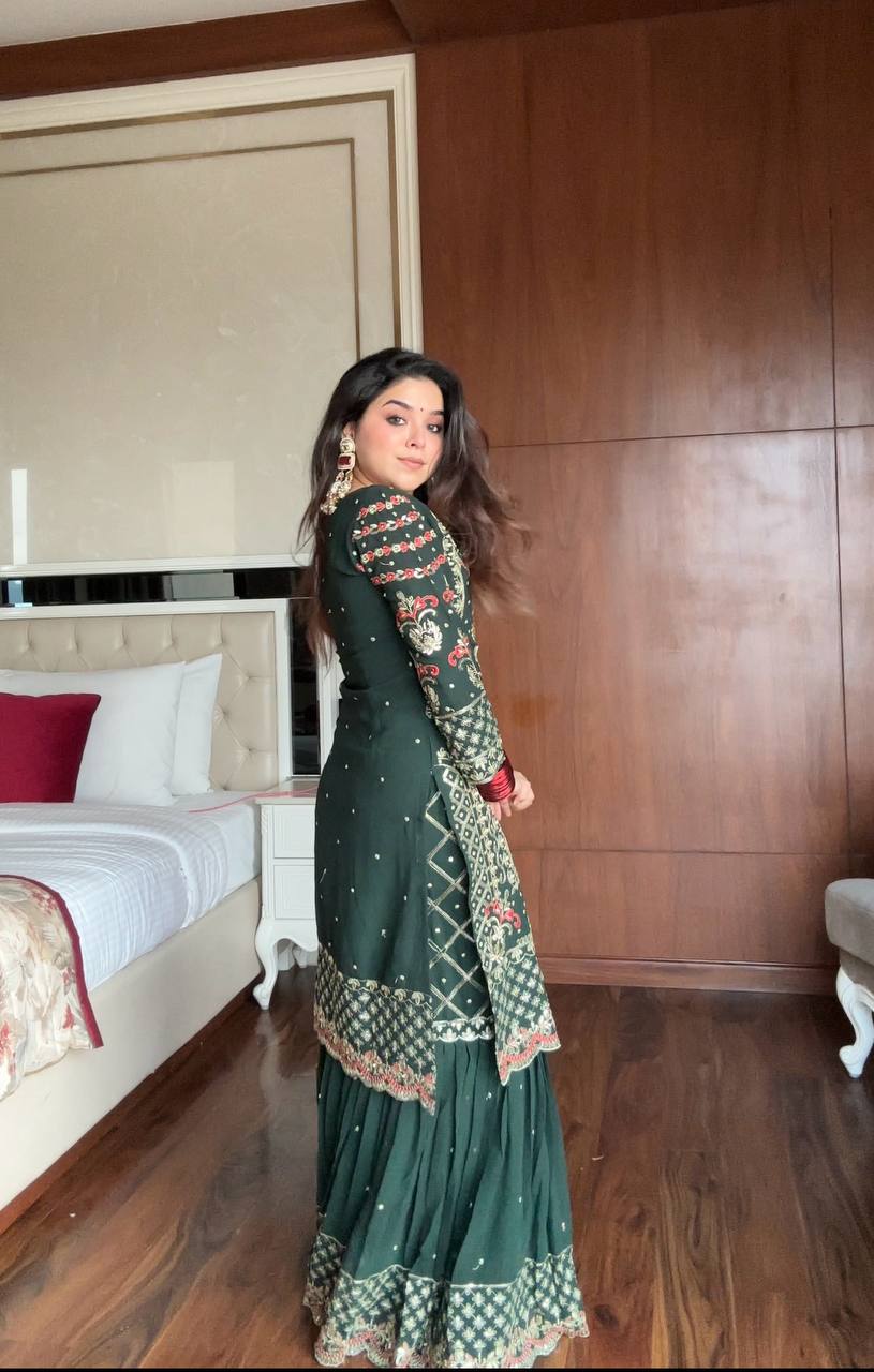 Prazu Fashion Dark Green Georgette Sequence Embroidered Sharara Suit - Distacart