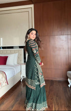 Prazu Fashion Dark Green Georgette Sequence Embroidered Sharara Suit - Distacart