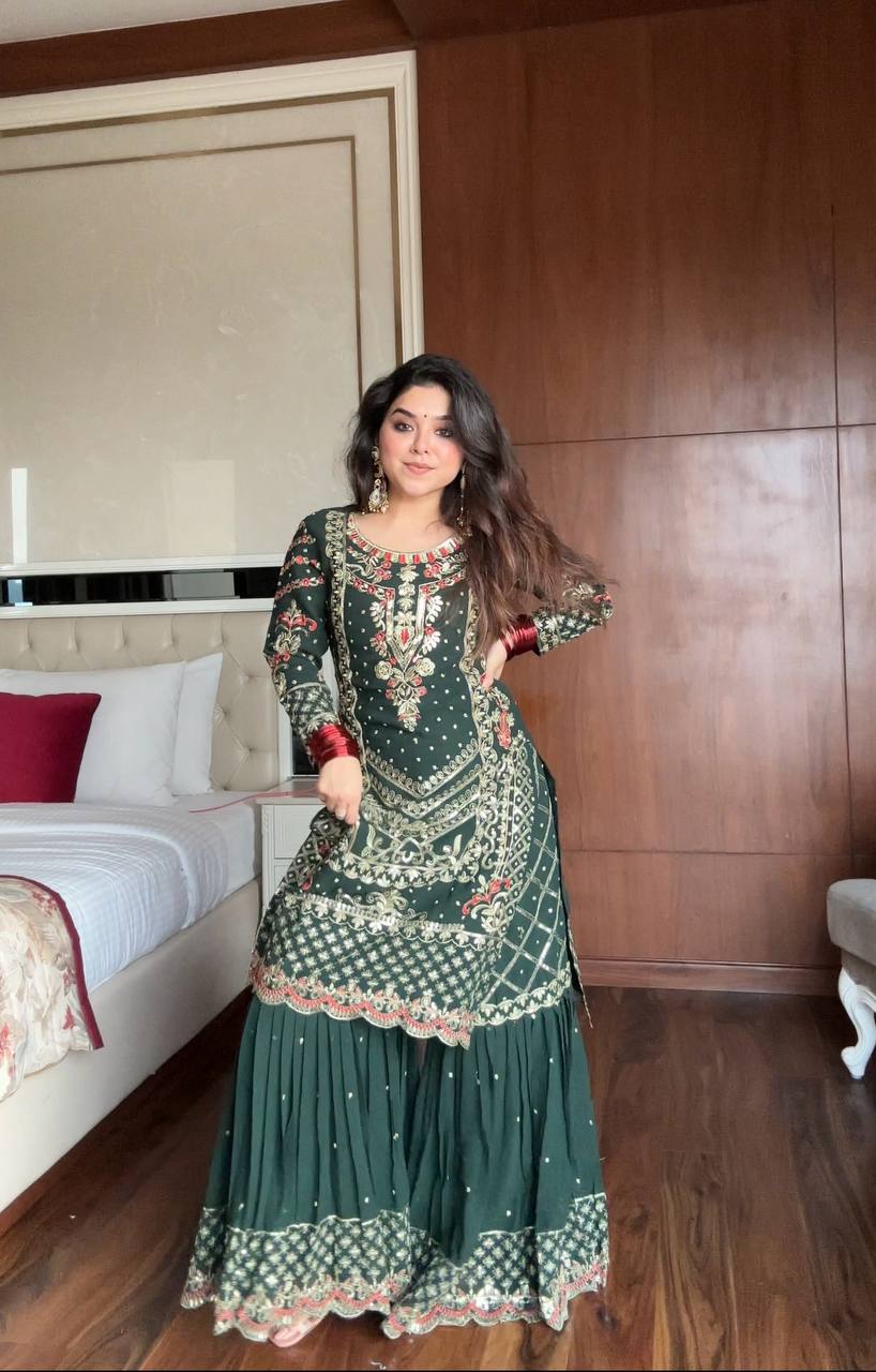 Prazu Fashion Dark Green Georgette Sequence Embroidered Sharara Suit - Distacart