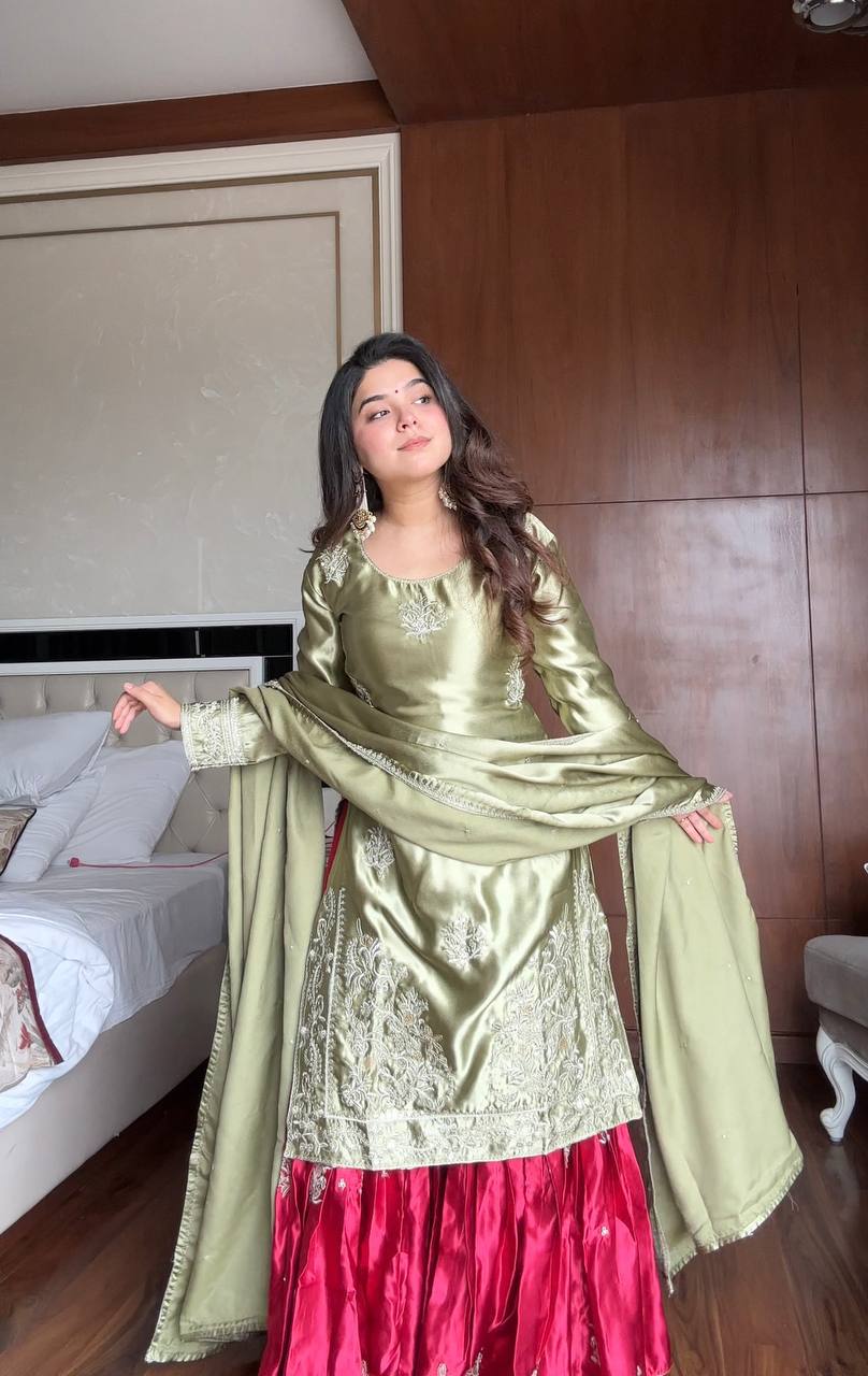 Prazu Fashion Pista Green Satin Silk Embroidered Sharara Suit - Distacart