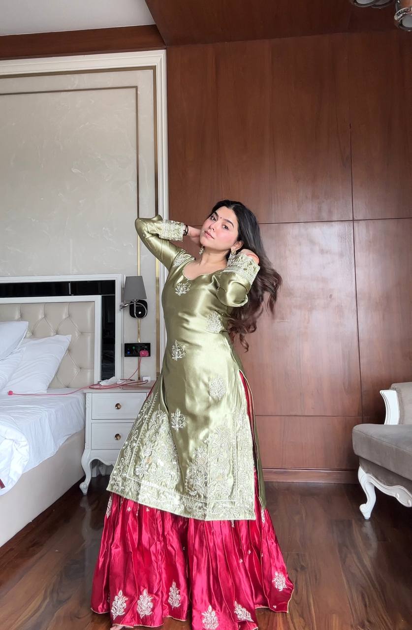 Prazu Fashion Pista Green Satin Silk Embroidered Sharara Suit - Distacart