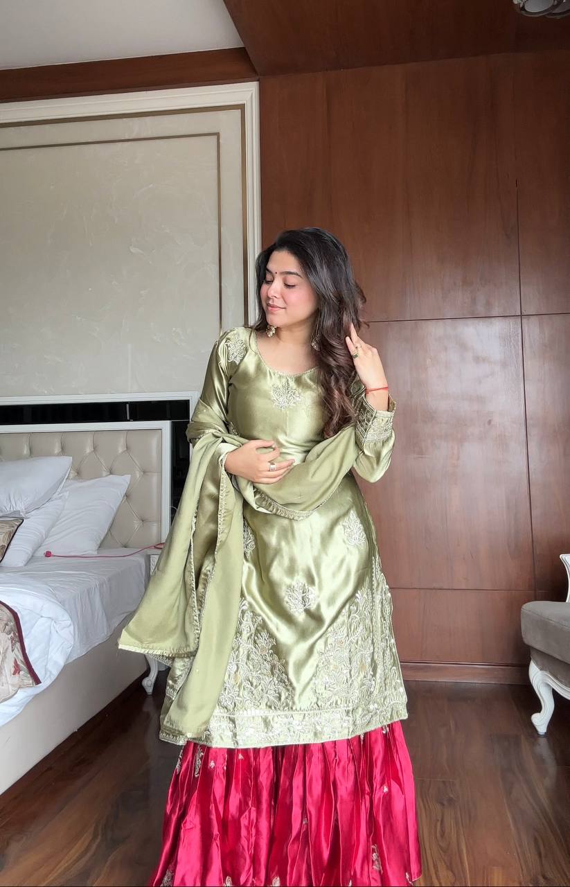 Prazu Fashion Pista Green Satin Silk Embroidered Sharara Suit - Distacart