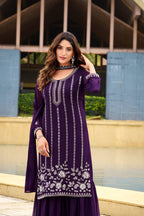 Prazu Fashion Violet Georgette Beads Work Designer Sharara Suit - Distacart