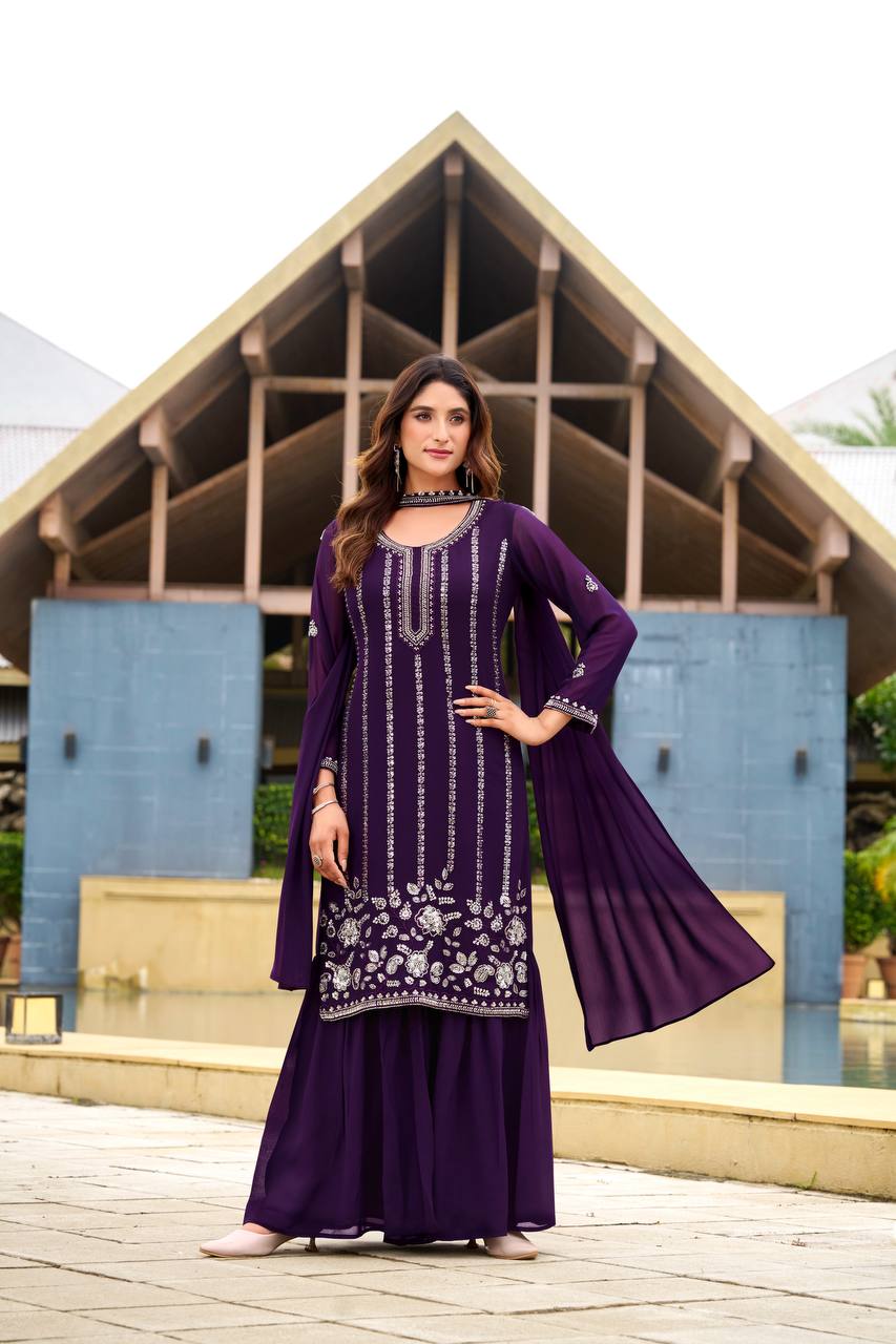 Prazu Fashion Violet Georgette Beads Work Designer Sharara Suit - Distacart