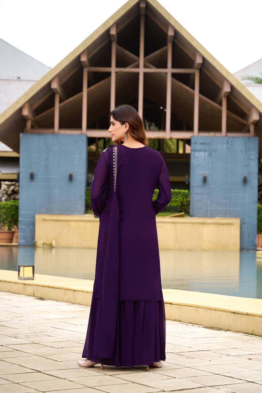 Prazu Fashion Violet Georgette Beads Work Designer Sharara Suit - Distacart