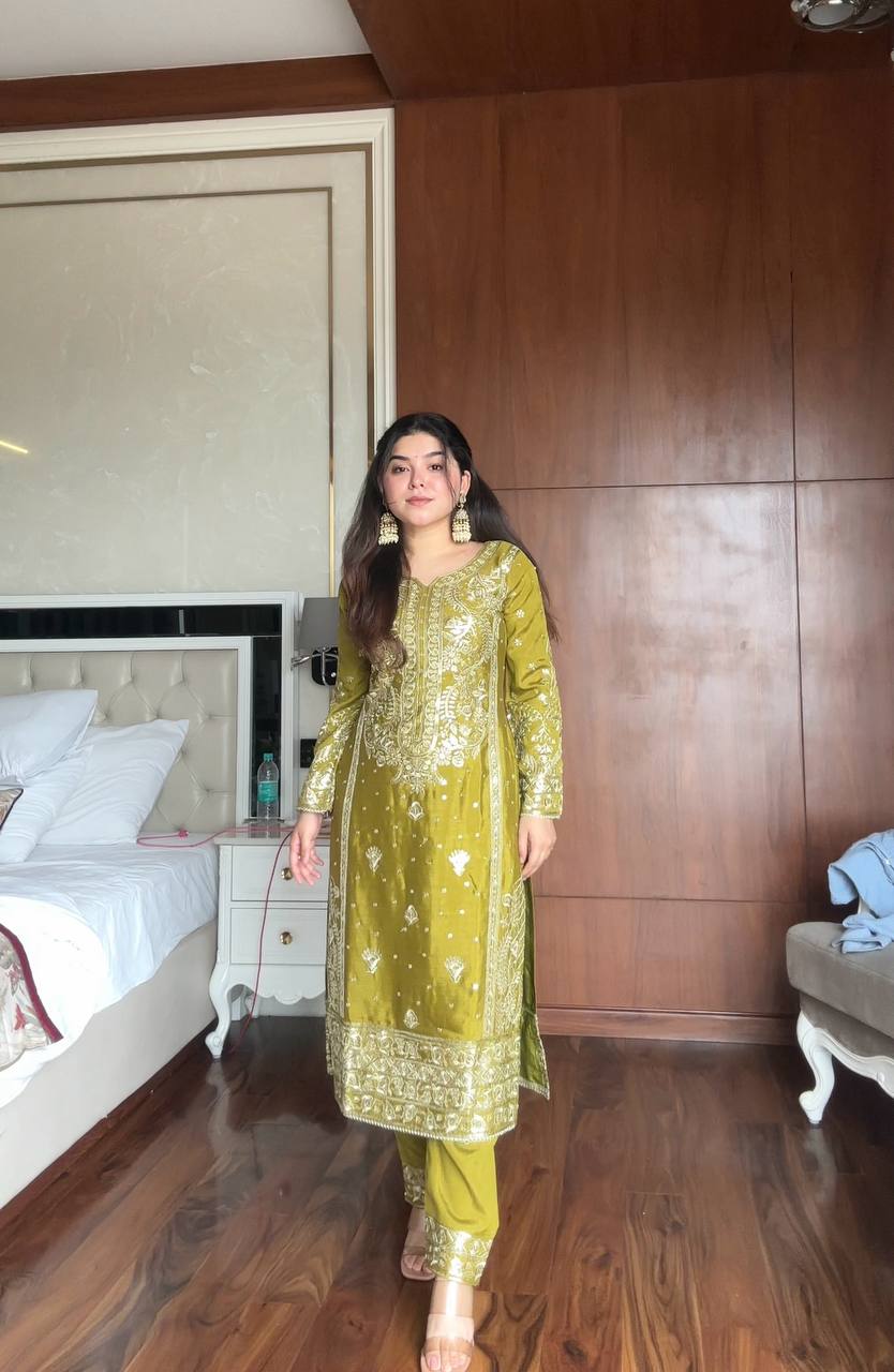 Prazu Fashion Lime Green Chinon Silk Embroidered Salwar Suit - Distacart