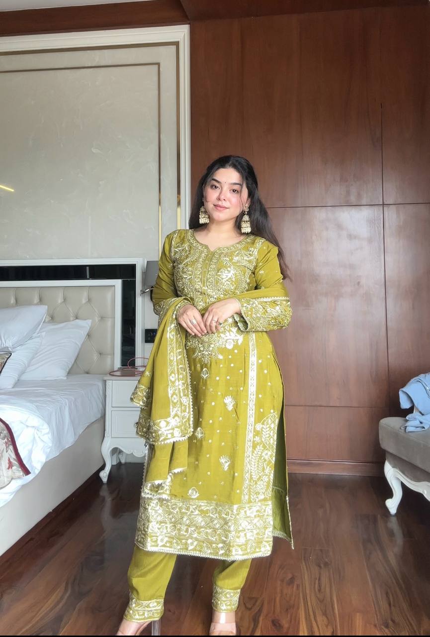 Prazu Fashion Lime Green Chinon Silk Embroidered Salwar Suit - Distacart