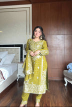 Prazu Fashion Lime Green Chinon Silk Embroidered Salwar Suit - Distacart