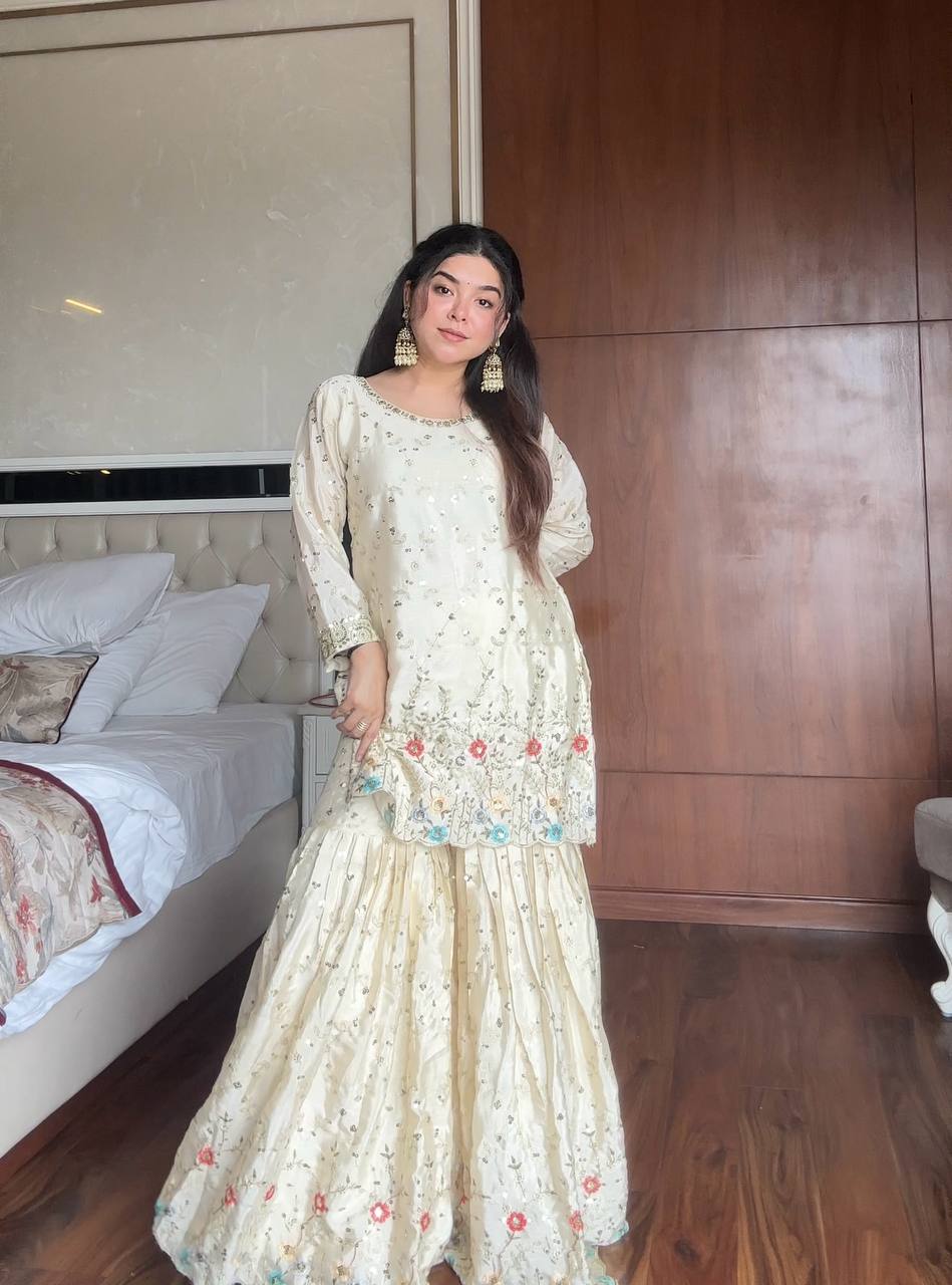 Prazu Fashion Off White Chinon Silk Embroidered Sharara Suit - Distacart