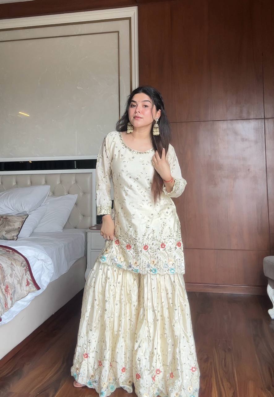 Prazu Fashion Off White Chinon Silk Embroidered Sharara Suit - Distacart