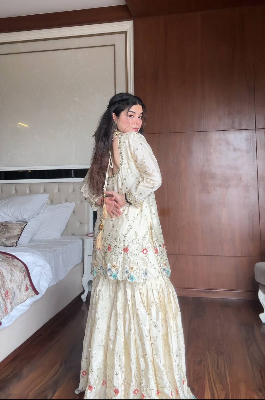 Prazu Fashion Off White Chinon Silk Embroidered Sharara Suit - Distacart