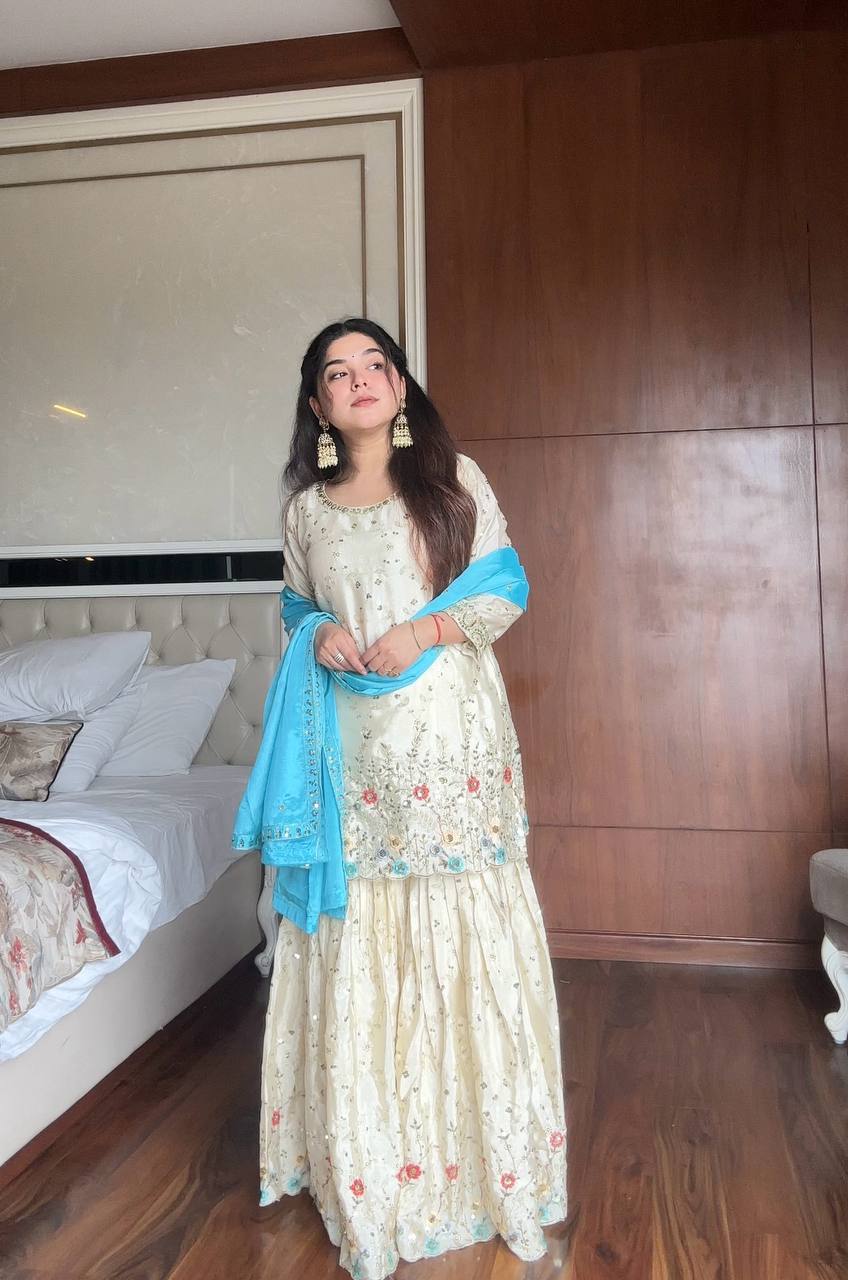 Prazu Fashion Off White Chinon Silk Embroidered Sharara Suit - Distacart