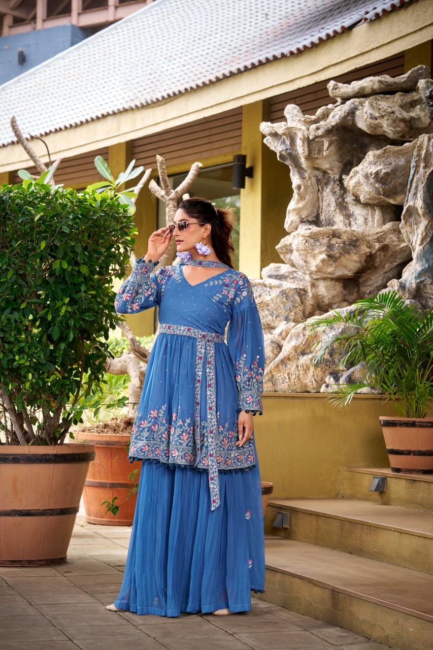Prazu Fashion Dark Lavender Chinon Silk Embroidered Sharara Suit - Distacart