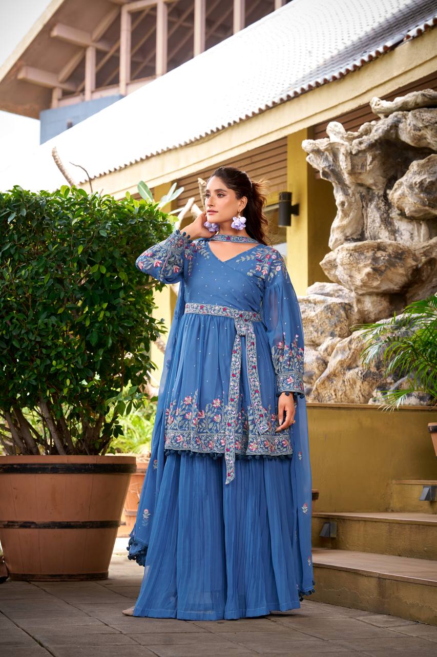 Prazu Fashion Dark Sky Blue Georgette Embroidered Designer Palazzo Suit