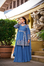 Prazu Fashion Dark Sky Blue Georgette Embroidered Designer Palazzo Suit