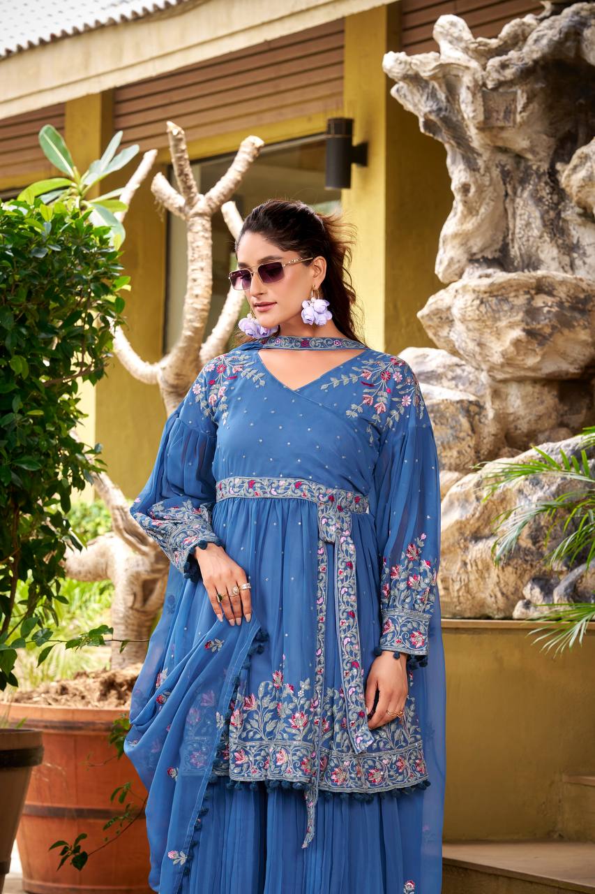Prazu Fashion Dark Lavender Chinon Silk Embroidered Sharara Suit - Distacart