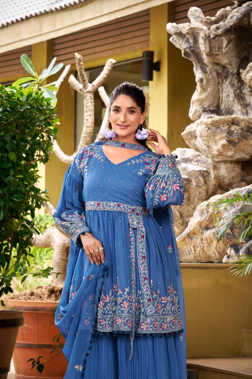 Prazu Fashion Dark Lavender Chinon Silk Embroidered Sharara Suit - Distacart