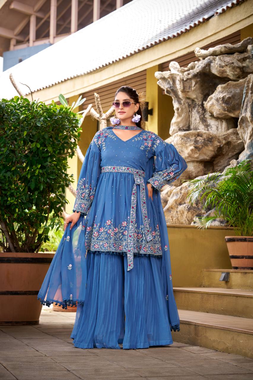 Prazu Fashion Dark Sky Blue Georgette Embroidered Designer Palazzo Suit