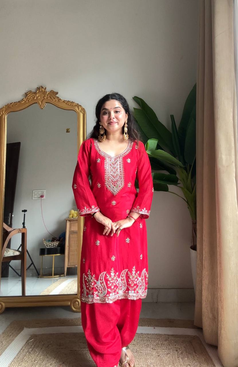 Prazu Fashion Red Chinon Silk Sequin Embroidered Salwar Suit