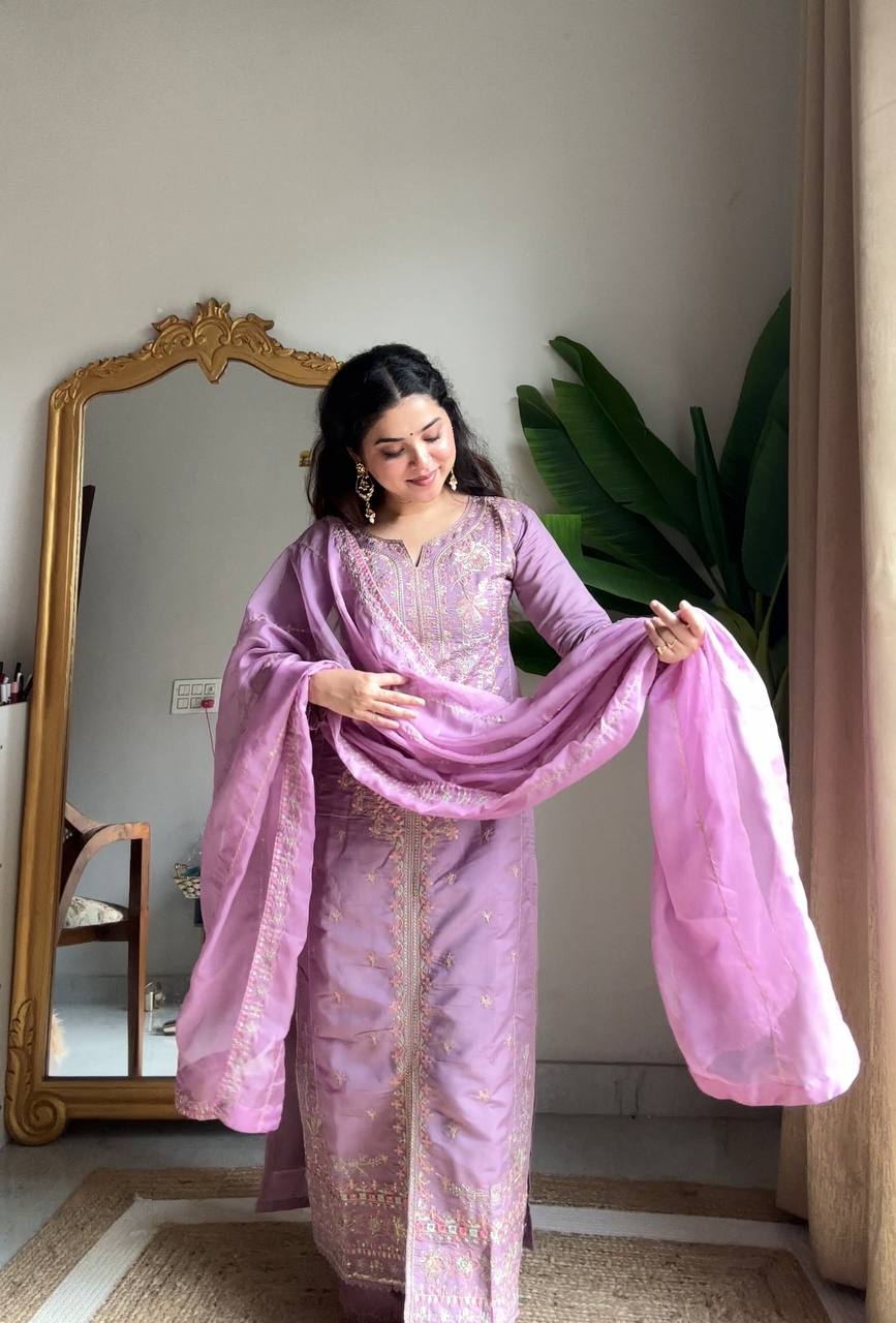 Prazu Fashion Lavender Roman Silk Sequin Embroidered Palazzo Suit - Distacart
