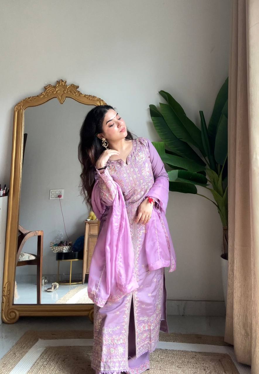 Prazu Fashion Lavender Roman Silk Sequin Embroidered Palazzo Suit - Distacart