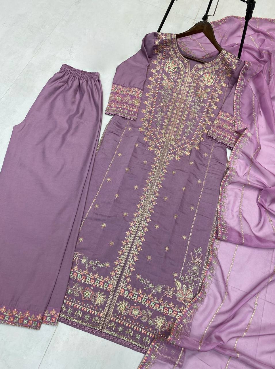 Prazu Fashion Lavender Roman Silk Sequin Embroidered Palazzo Suit - Distacart