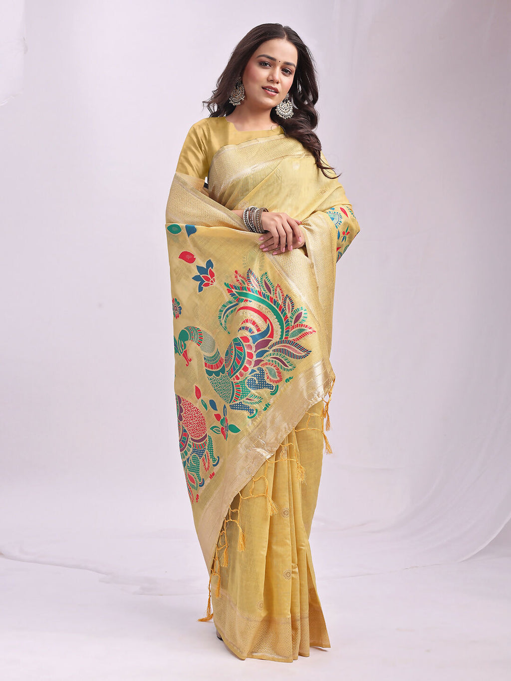 Shree Shyam Fashion Linen Cotton Yelllow Saree - Distacart