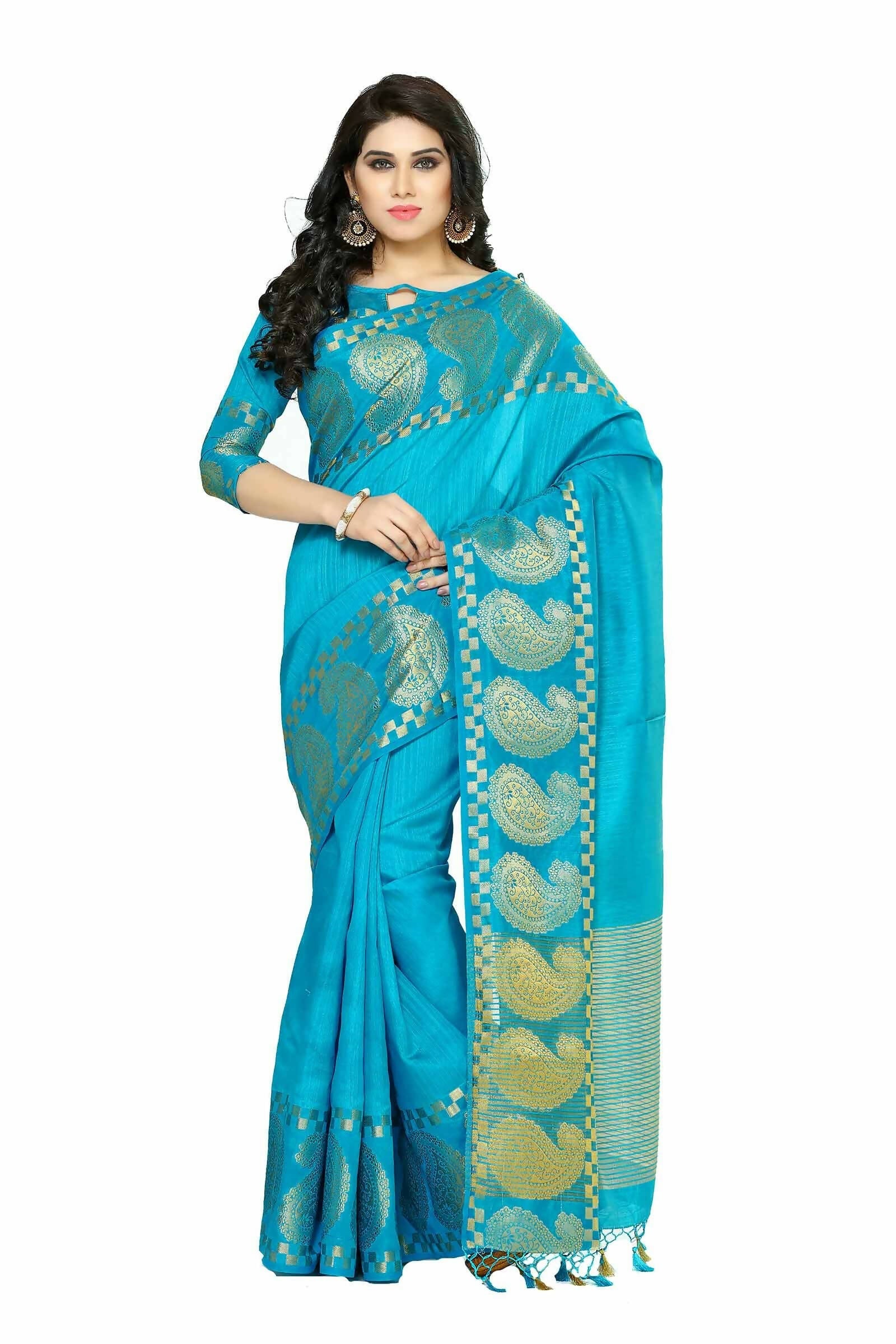 Mimosa Women's Banarasi Tussar Silk Turquoise Blue Saree - Distacart