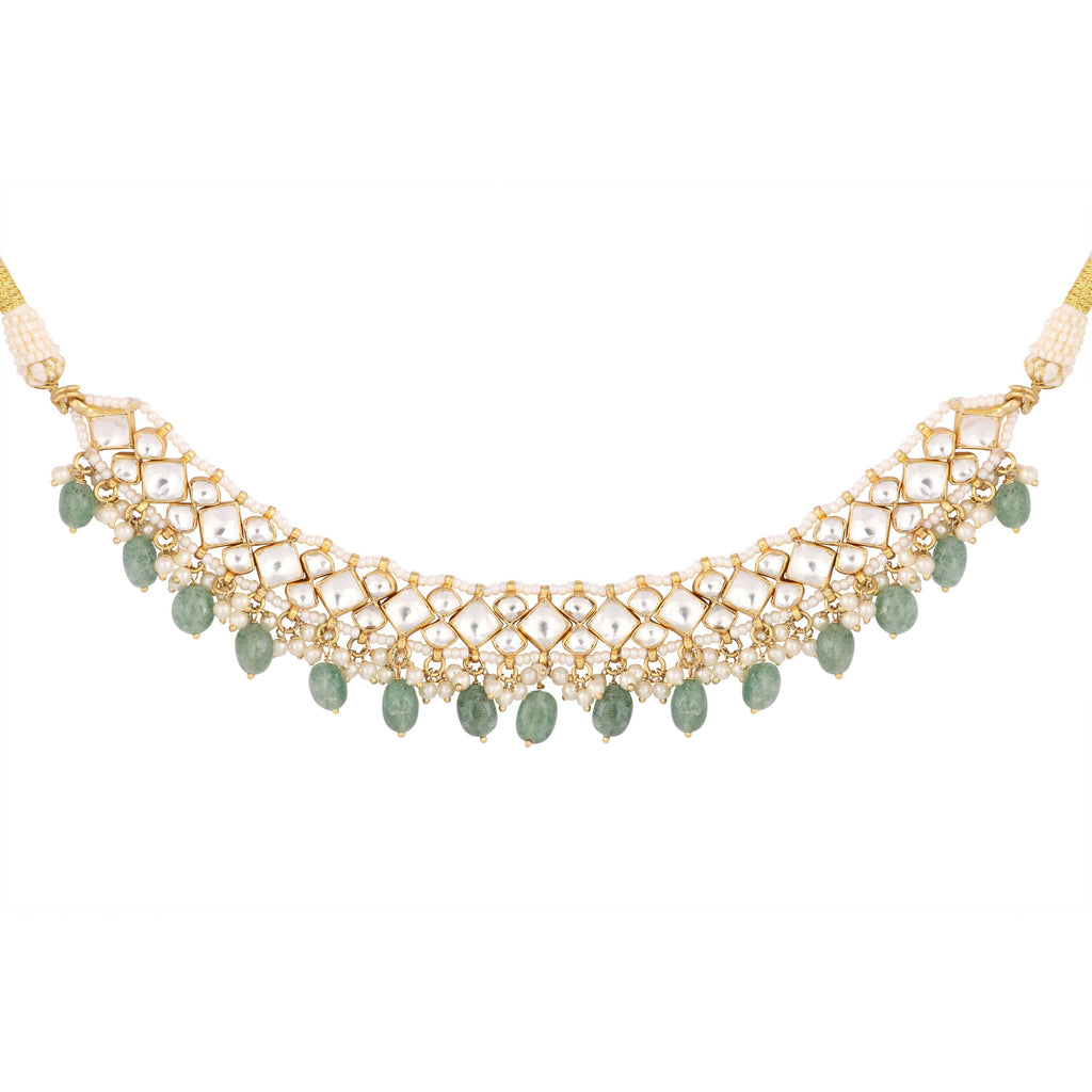 Nuyug 22K Gold Plated Royal Kundan Necklace with Green Stones
