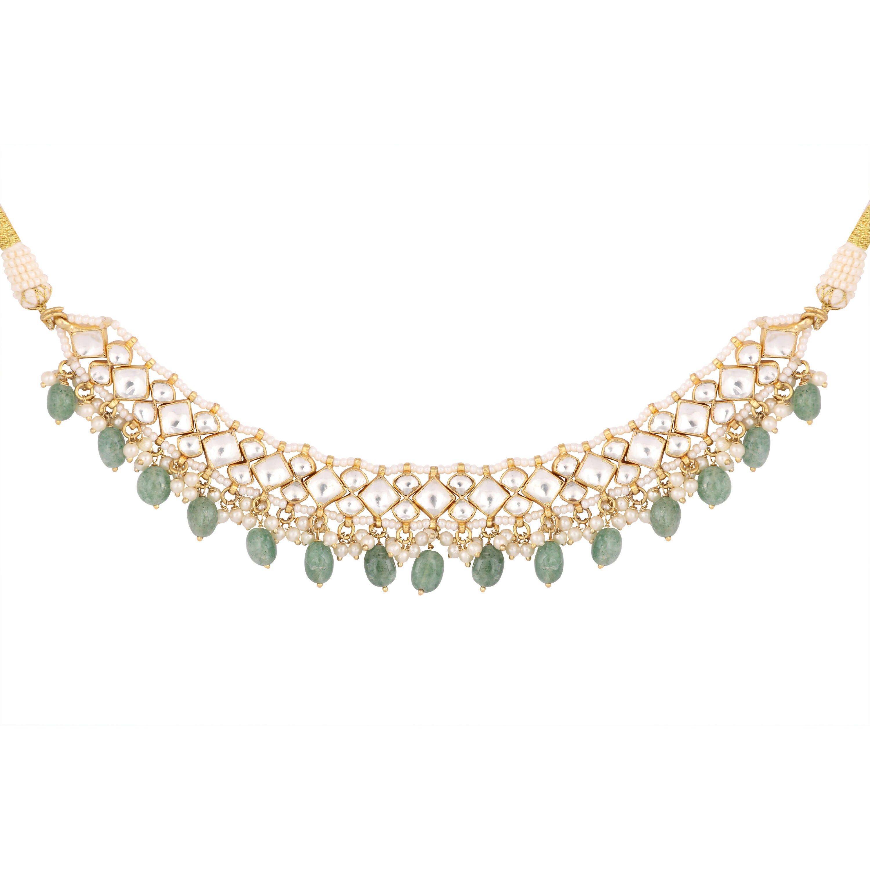 Nuyug 22K Gold Plated Royal Kundan Necklace with Green Stones