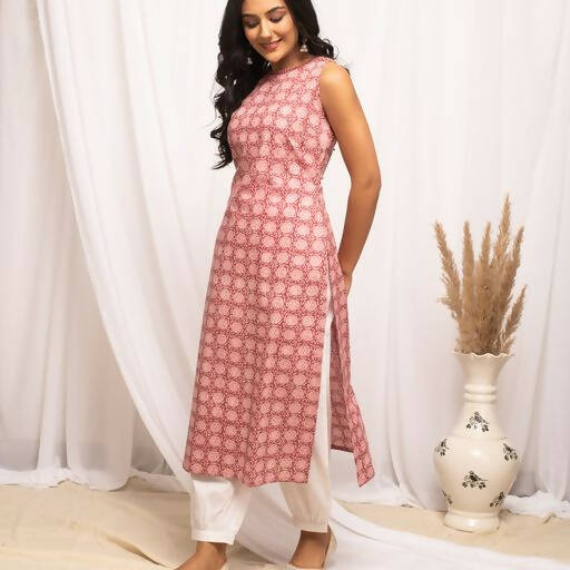 FIORRA Women's Floral Printed Pink Cotton Straight Kurta