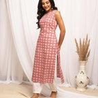 FIORRA Women's Floral Printed Pink Cotton Straight Kurta