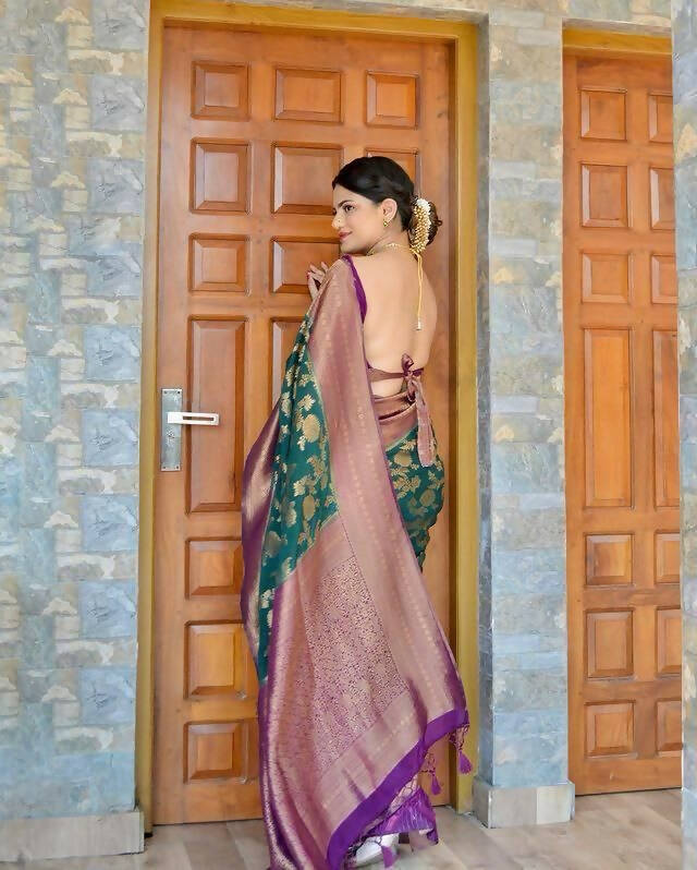 DEIANA'S Beautiful Designer Golden zari Soft Lichi Silk Saree - Teal