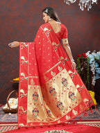 Lorenvalley Fashion Red Soft Paithani Silk Woven Design Gold Zari Meenakari Weaving Saree