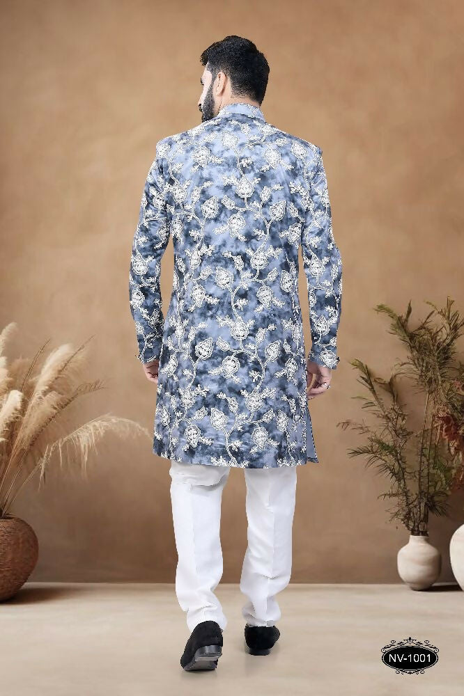 Joban Fashion Men's Blue Straight Swed Velvet Thread & Sequence Embroidery All Over Indo-Western Kurta Set - Distacart