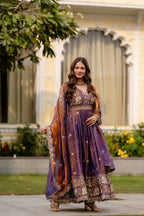 Teeya Creation Wine Primium Fendy Satin Silk Embroidery Work Wedding Wear Gown - Distacart