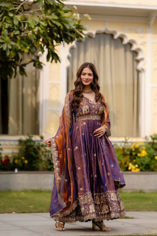 Teeya Creation Wine Primium Fendy Satin Silk Embroidery Work Wedding Wear Gown - Distacart