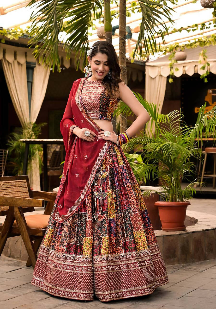 Women's Wedding Traditional Multi Dull Satin Lehenga Choli - Kaushlya