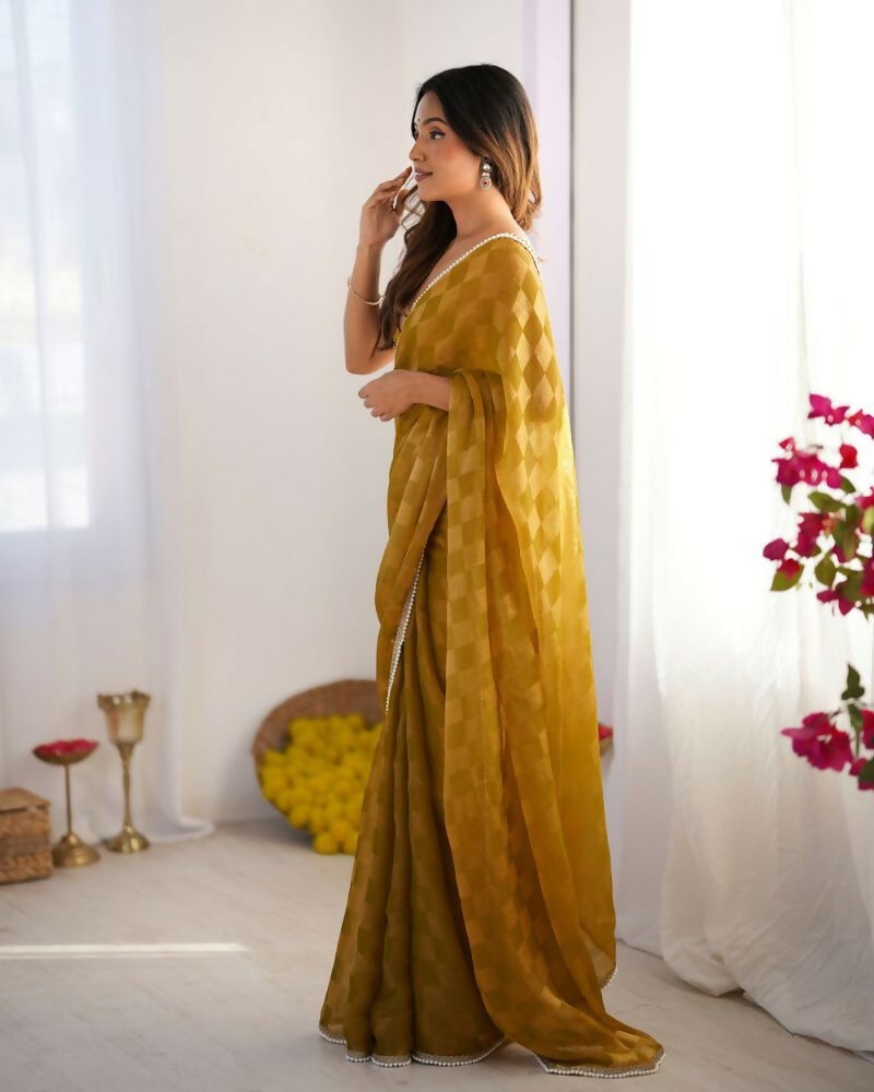 NC Chiffon Chex Wevon Chex Designer, Lace Party Wear Saree - Mustard