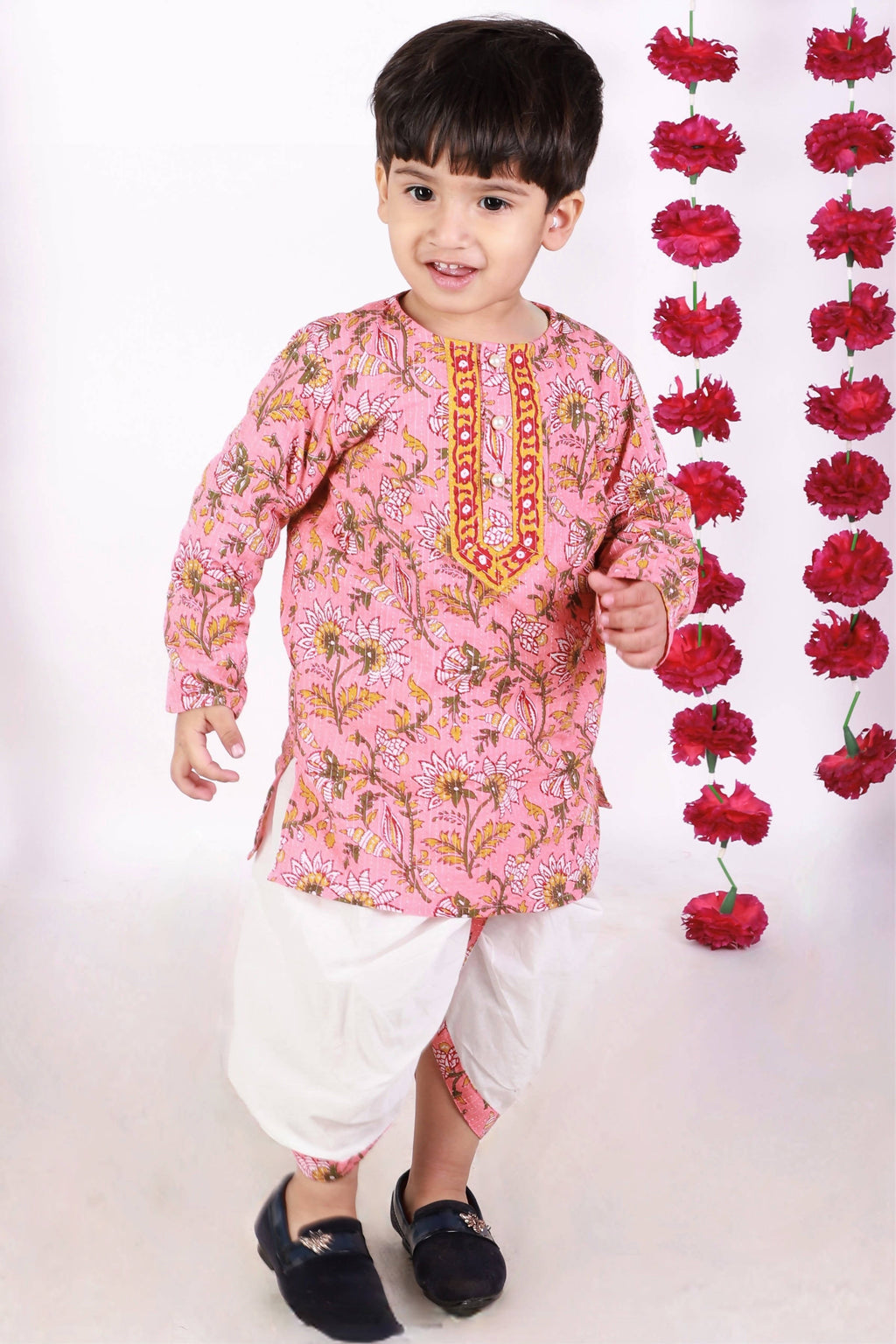 Little Bansi Boys Bengali Kantha work floral kurta & Dhoti - Pink & White