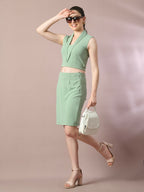 Myshka Women's Sea Green Solid Shawl Neck Party Top With Skirt Co-ord set