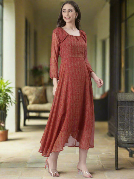 Souchii Rust Orange Printed Fit & Flare Dress