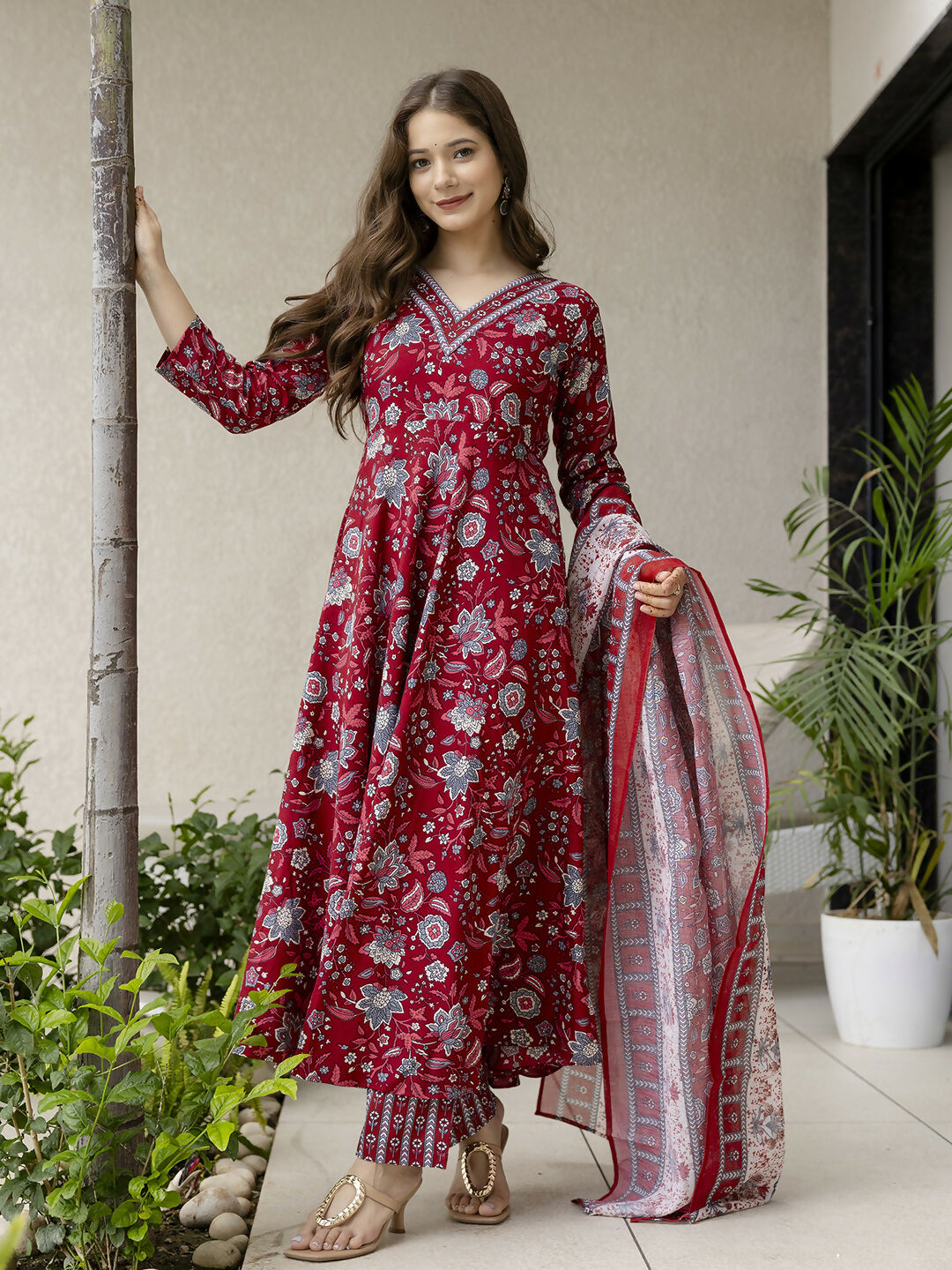 The52 Maroon Women's Gorgeous Rayon Fabric Printed Work Flared Kurta, Pant and Dupatta Set - Distacart
