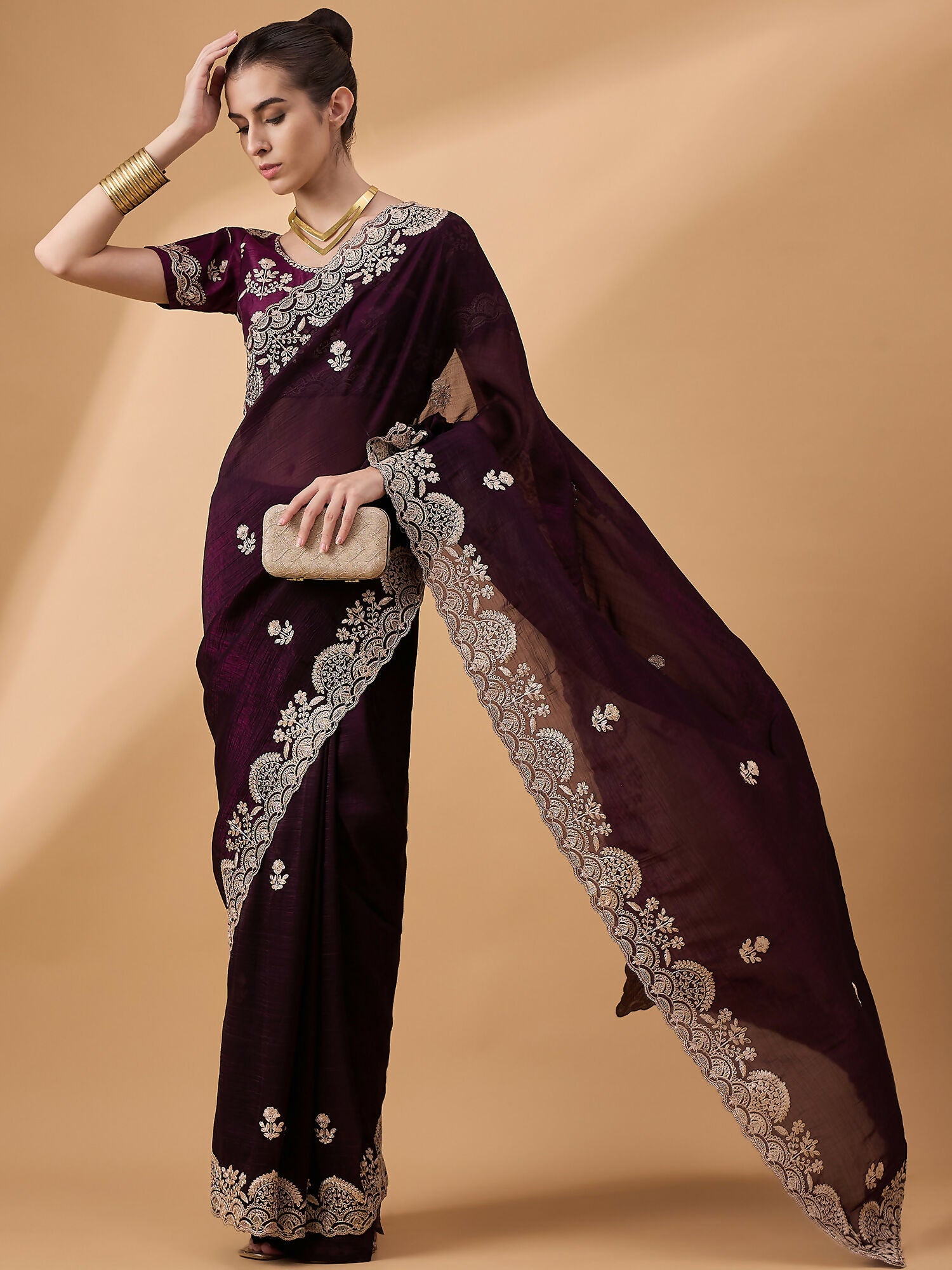 Purple Silk Embroidered Saree with Unstitched Blouse Piece - Satya